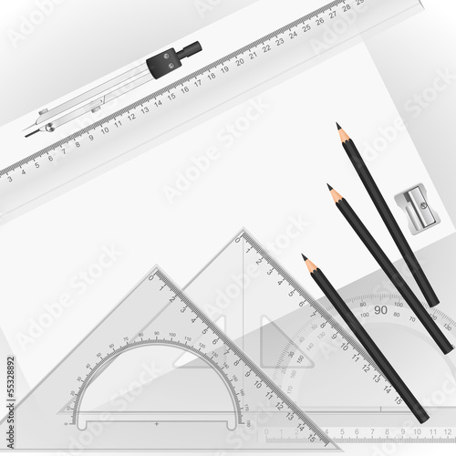 Vector: Drawing tools with a drawing in the background Drawing tools with a drawing in the background