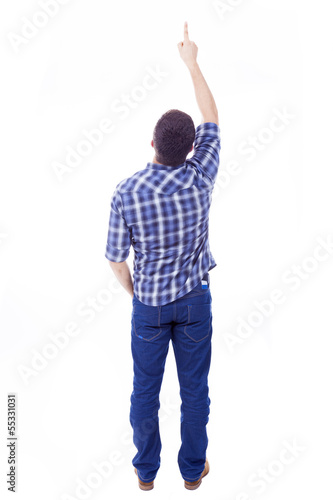 Photo: Back view of young man pointing up, isolated over white backgrou Back view of young man pointing up, isolated over white backgrou
