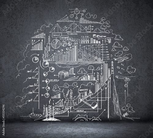 Photo: Business sketch on black wall Business sketch on black wall