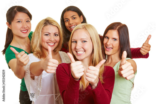 Photo: Glückliche Gruppe Frauen hält Daumen hoch Glückliche Gruppe Frauen hält Daumen hoch