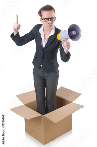 Photo: Woman businesswoman with loudspeaker inthe box Woman businesswoman with loudspeaker inthe box