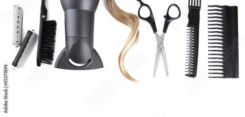 Photo: Professional hairdresser tools, isolated on white Professional hairdresser tools, isolated on white
