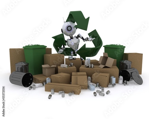 Illustration: Robot with recycling waste Robot with recycling waste