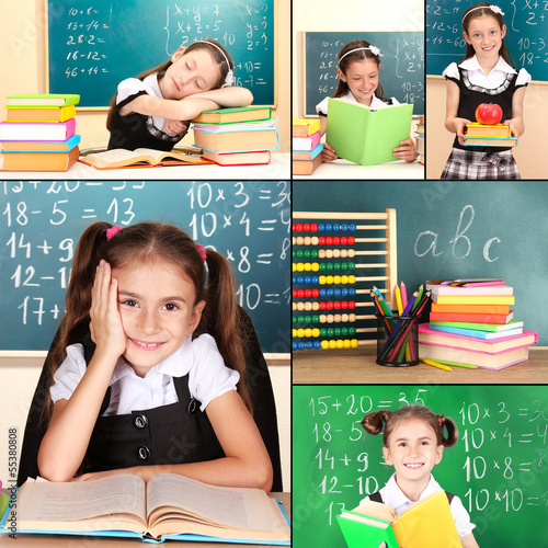 Photo: Collage of schoolchildren in classroom. School concept Collage of schoolchildren in classroom. School concept