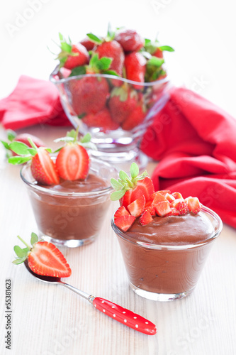 Photo: Chocolate mousse with strawberries, selective focus Chocolate mousse with strawberries, selective focus