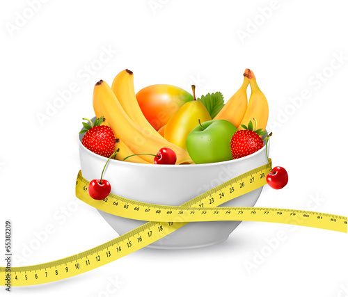 Vector: Diet meal. Fruit in a bowl with measuring tape. Concept of diet. Diet meal. Fruit in a bowl with measuring tape. Concept of diet.