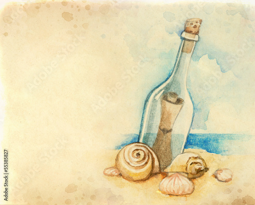 Watercolor illustration of message in a bottle Watercolor illustration of message in a bottle