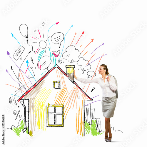 Photo: Businesswoman leaning on illustration Businesswoman leaning on illustration