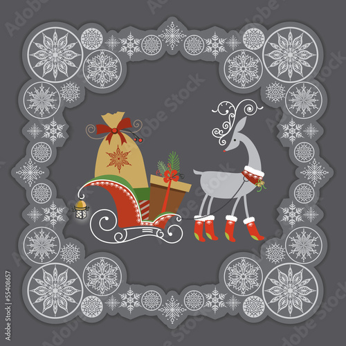 Vector: Cute Christmas reindeer in red boots with gifts. Cute Christmas reindeer in red boots with gifts.
