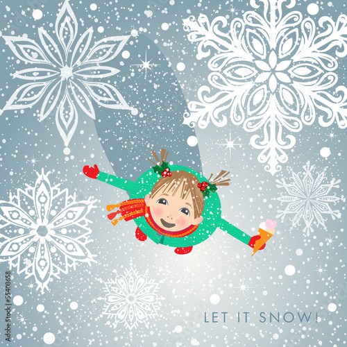 Vector: Little girl welcomes first snow. Holiday card. Little girl welcomes first snow. Holiday card.
