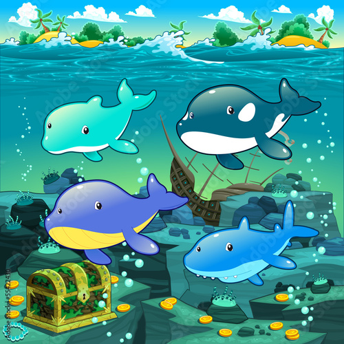 Vector: Seascape with treasure, galleon and fish. Seascape with treasure, galleon and fish.