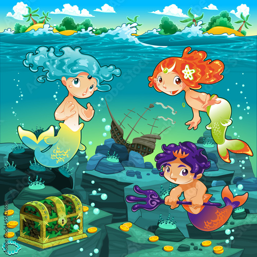 Vector: Seascape with mermaids and triton. Seascape with mermaids and triton.
