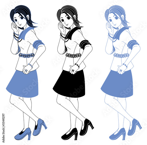 Vector: 若い女性の挿絵カットイラスト(青系黒系モノクロショートヘアー)3パターン 若い女性の挿絵カットイラスト(青系黒系モノクロショートヘアー)3パターン