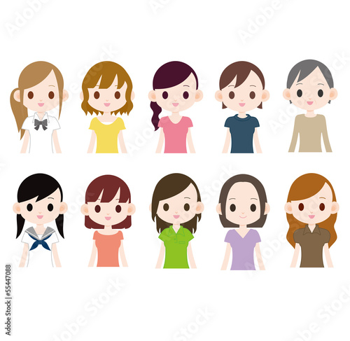 Illustration: カラフルな髪色の女性 10人 カラフルな髪色の女性 10人