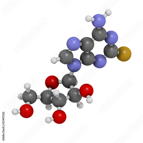 Illustration: Fludarabine blood cancer drug, chemical structure. Fludarabine blood cancer drug, chemical structure.