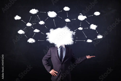 Photo: Business man with cloud network head Business man with cloud network head