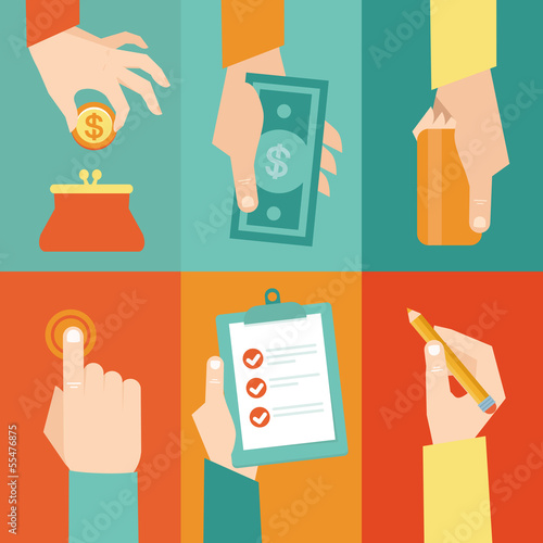 Vector: Vector set of hands with money and contract Vector set of hands with money and contract