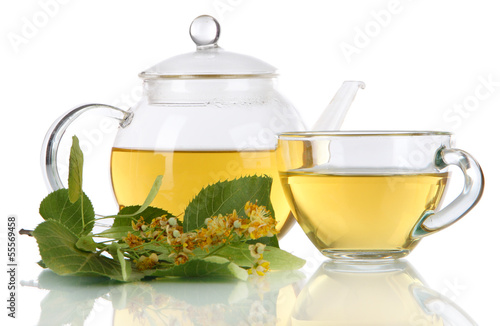 Photo: Kettle and cup of tea with linden Kettle and cup of tea with linden