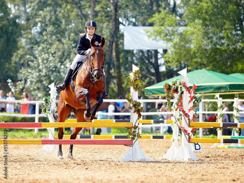 Photo: The sportswoman on a red horse. The sportswoman on a red horse.