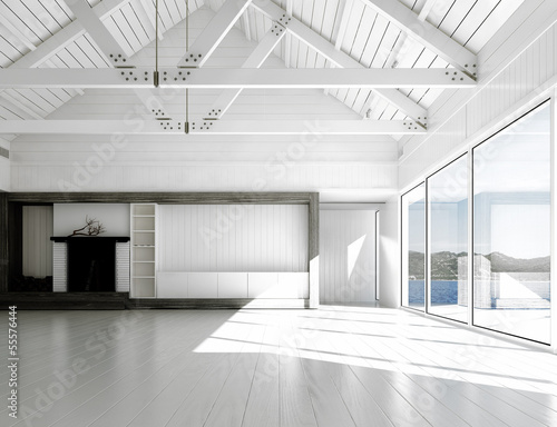 Illustration: empty white room with large windows and scenic view. empty white room with large windows and scenic view.