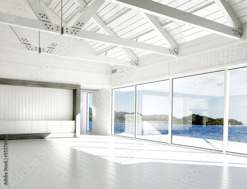 Illustration: empty white room with large windows and scenic view. empty white room with large windows and scenic view.