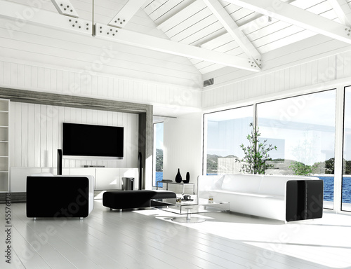 Illustration: modern white living room with huge windows modern white living room with huge windows