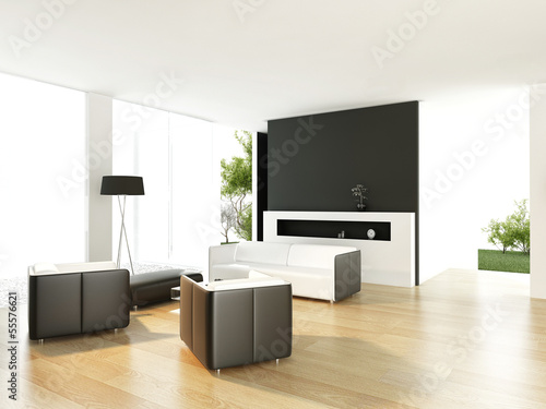 Illustration: modern white living room with huge windows modern white living room with huge windows