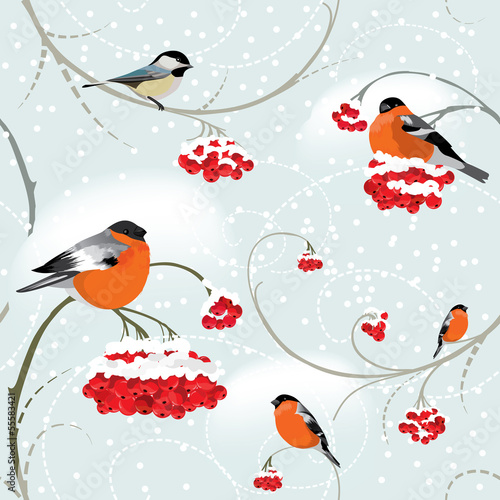  Seamless winter background with bullfinch