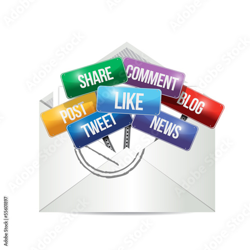 Illustration: envelope with social media signs illustration envelope with social media signs illustration