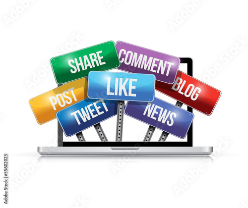Illustration: laptop with social media signs illustration laptop with social media signs illustration