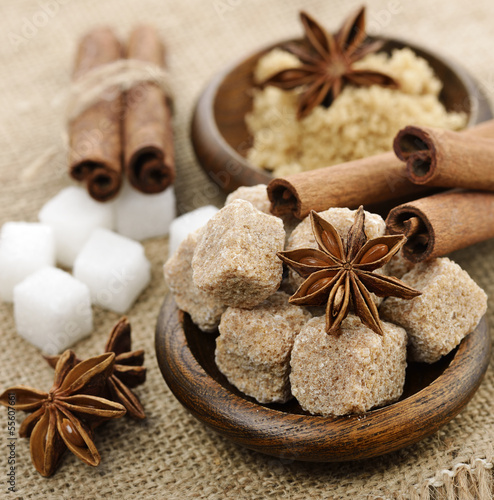 Photo: Brown And White Cane Sugar,Cinnamon And Anise Star Brown And White Cane Sugar,Cinnamon And Anise Star