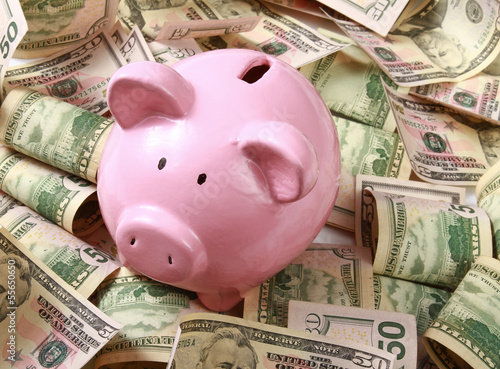 Photo: piggy bank on dollars piggy bank on dollars