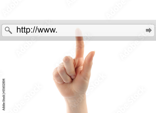 Photo: Hand pushing virtual search bar on white background Hand pushing virtual search bar on white background