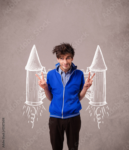 Photo: Cute man with jet pack rocket drawing illustration Cute man with jet pack rocket drawing illustration