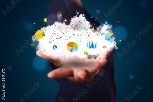 Photo: Young businessman presenting cloud with charts and graph icons a Young businessman presenting cloud with charts and graph icons a