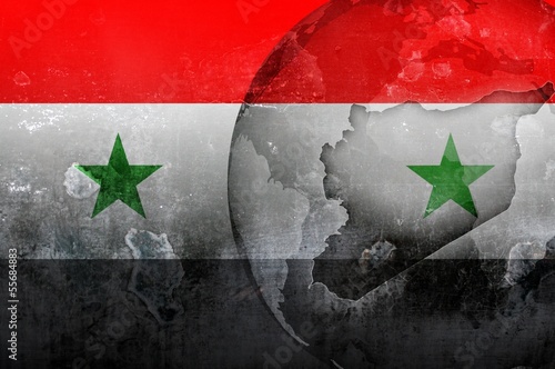 Illustration: Syria flag and world map conflict illustration Syria flag and world map conflict illustration