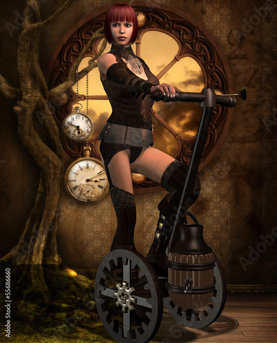Illustration: Steampunk Fahrzeug mit einem Mädchen Steampunk Fahrzeug mit einem Mädchen