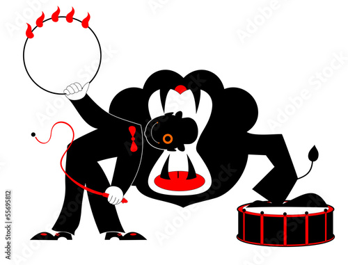 Vector: A tamer is getting his head into lion’s jaw. A tamer is getting his head into lion’s jaw.