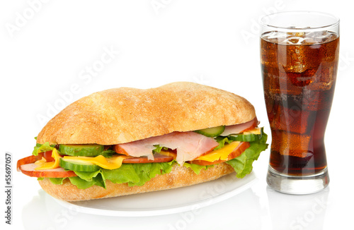 Photo: Tasty ham sandwich and glass of cola with ice isolated on white Tasty ham sandwich and glass of cola with ice isolated on white