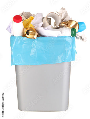 Photo: Bin full of rubbish isolated on white Bin full of rubbish isolated on white