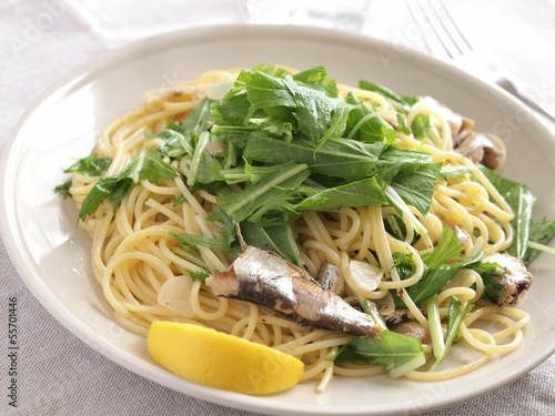 Photo: オイルサーディンと水菜のパスタ オイルサーディンと水菜のパスタ