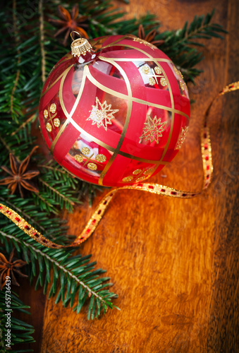 Photo: Traditional Christmas decoration on wooden table Traditional Christmas decoration on wooden table