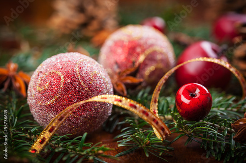 Photo: Traditional Christmas decoration on wooden table Traditional Christmas decoration on wooden table