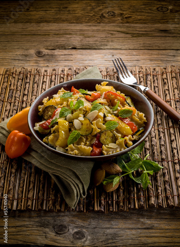Photo: pasta with capsicum zucchinis and sliced almond pasta with capsicum zucchinis and sliced almond
