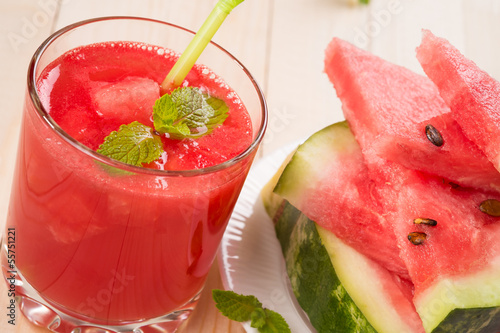 Photo: Fresh watermelon juice with pieces of fruit Fresh watermelon juice with pieces of fruit