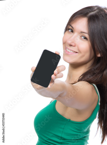 Photo: Woman Showing display of her new touch mobile cell phone Woman Showing display of her new touch mobile cell phone