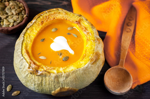 Photo: Pumpkin soup in a pumpkin baked with sour cream Pumpkin soup in a pumpkin baked with sour cream