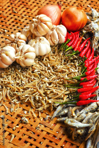 Photo: Garlic and red onion. And red chili with dry fish Garlic and red onion. And red chili with dry fish
