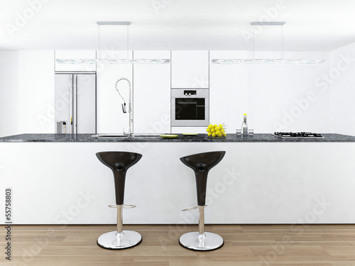 Illustration: Modern white kitchen interior with two bar stools Modern white kitchen interior with two bar stools