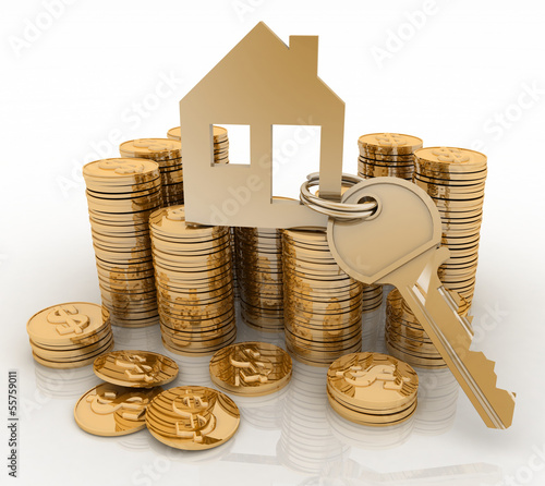 Illustration: 3d house symbol with key on Pile of gold coins 3d house symbol with key on Pile of gold coins